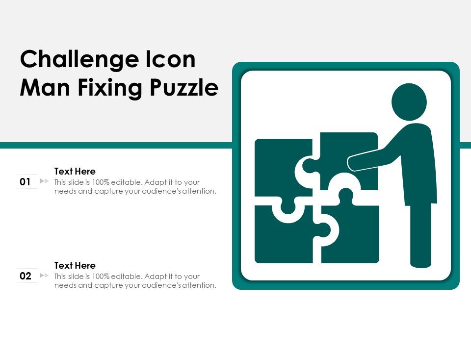 Challenge Icon Man Fixing Puzzle Ppt PowerPoint Presentation Gallery Gridlines PDF Slide01