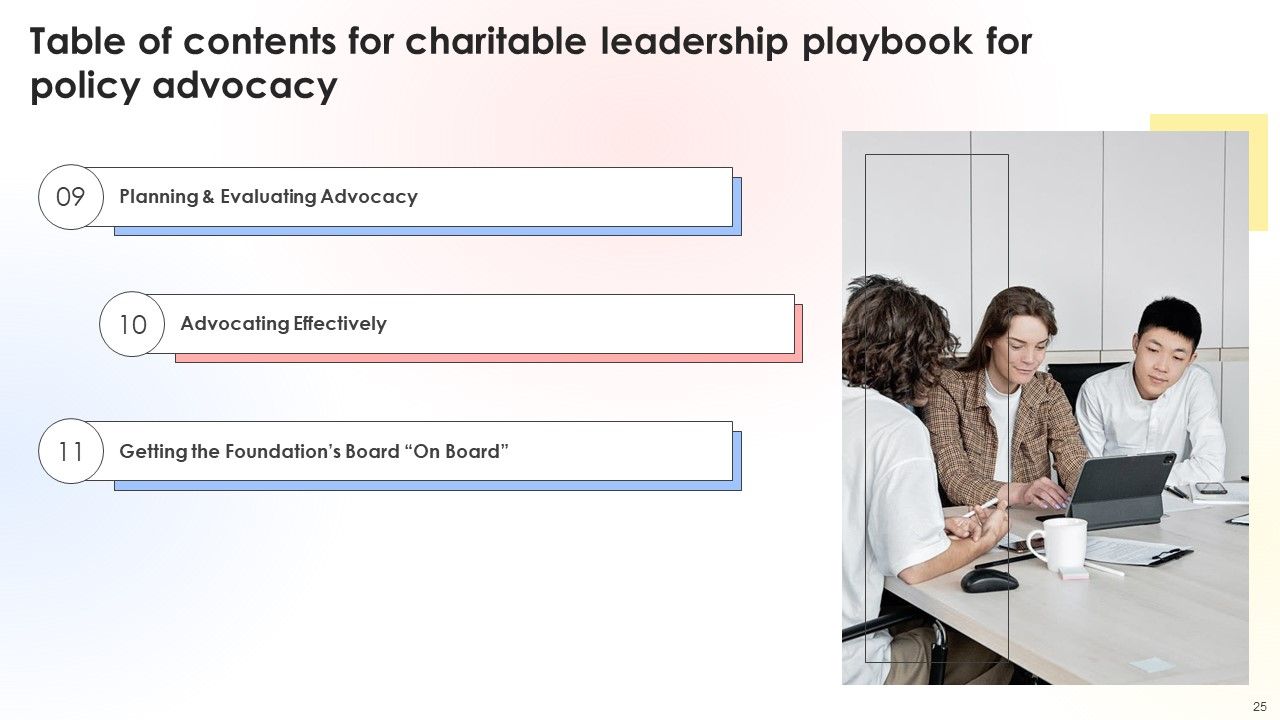 Charitable Leadership Playbook For Policy Advocacy Ppt PowerPoint Presentation Complete Deck With Slides Slide25