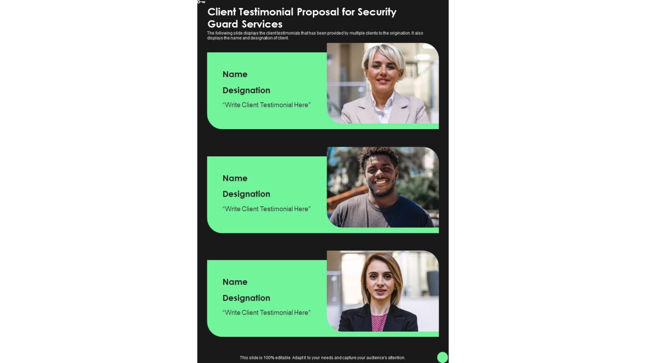 Client Testimonial Proposal For Security Guard Services One Pager Sample Example Document Slide01