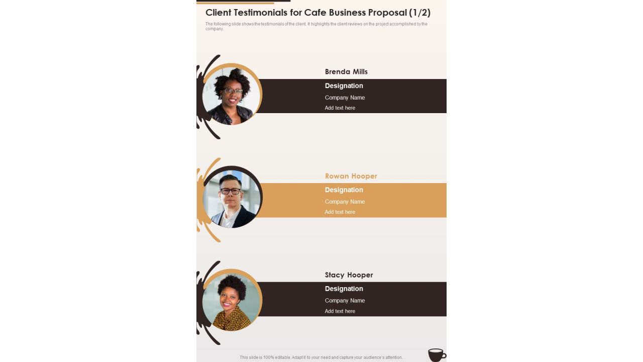 Client Testimonials For Cafe Business Proposal One Pager Sample Example Document Slide01