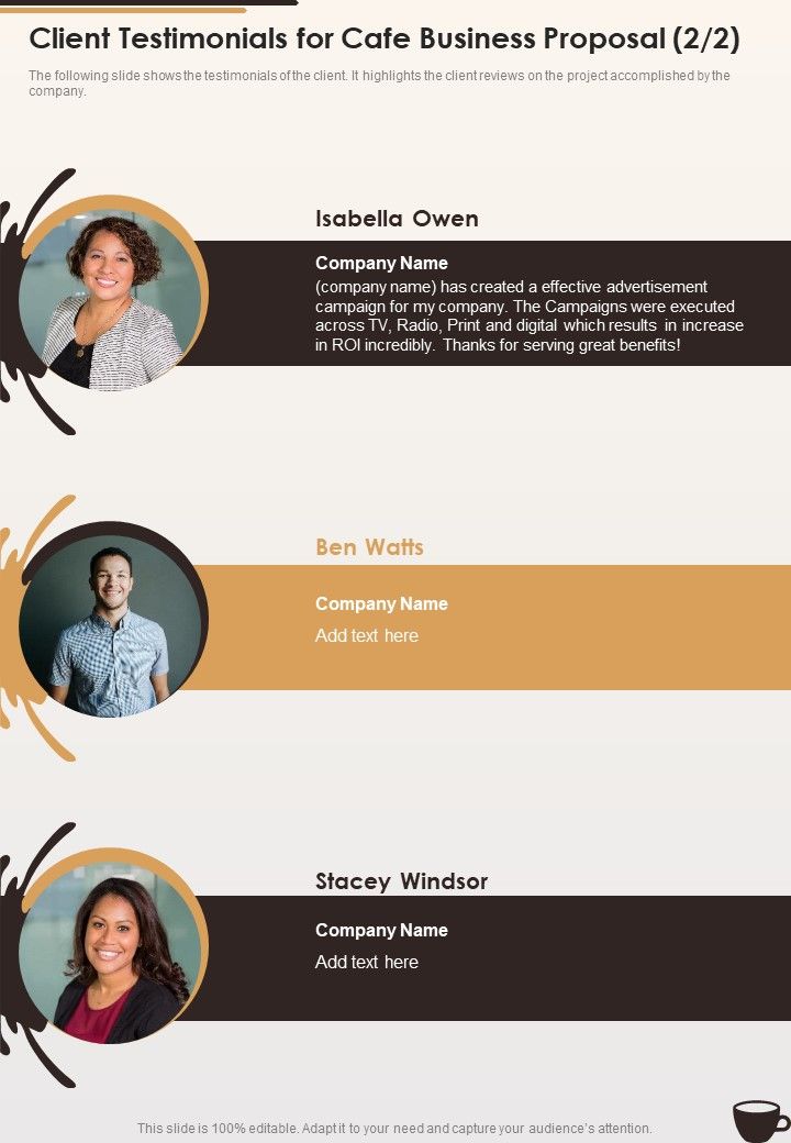 Client Testimonials For Cafe Business Proposal One Pager Sample Example Document Slide02