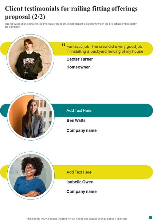 Client Testimonials For Railing Fitting Offerings Proposal One Pager Sample Example Document Slide02