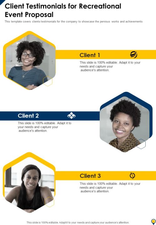 Client Testimonials For Recreational Event Proposal One Pager Sample Example Document Slide01