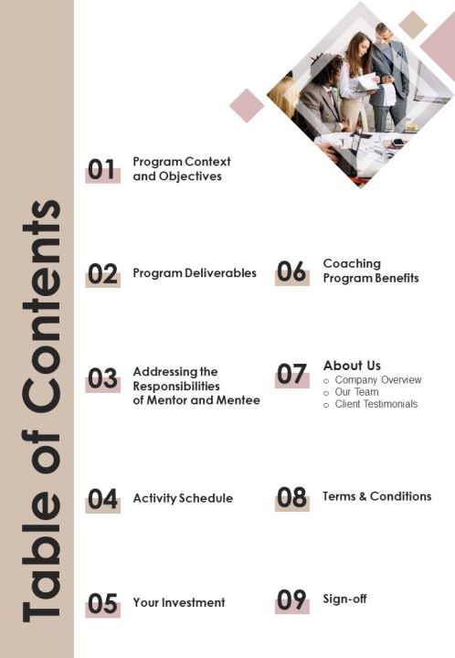 Coaching Program Proposal Table Of Contents One Pager Sample Example Document Slide01