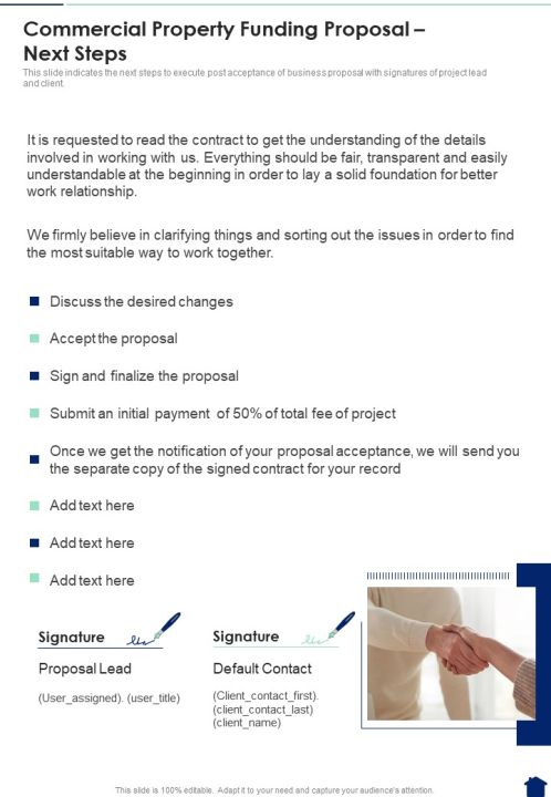 Commercial Property Funding Proposal Next Steps One Pager Sample Example Document Slide01