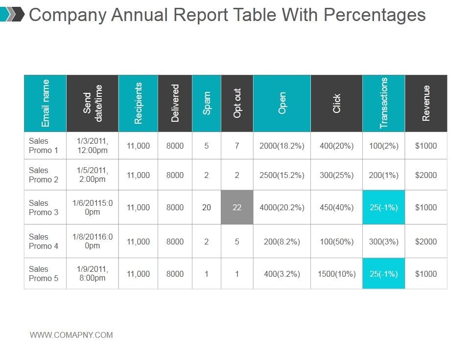 Company Annual Report Table With Percentages Ppt PowerPoint ...