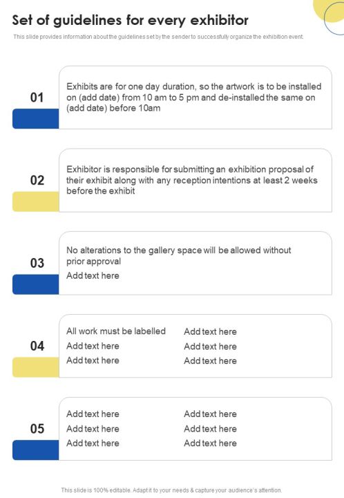 Contractors Bid Proposal For Organizing Exhibitions Set Of Guidelines For Every Exhibitor One Pager Sample Example Document Slide01
