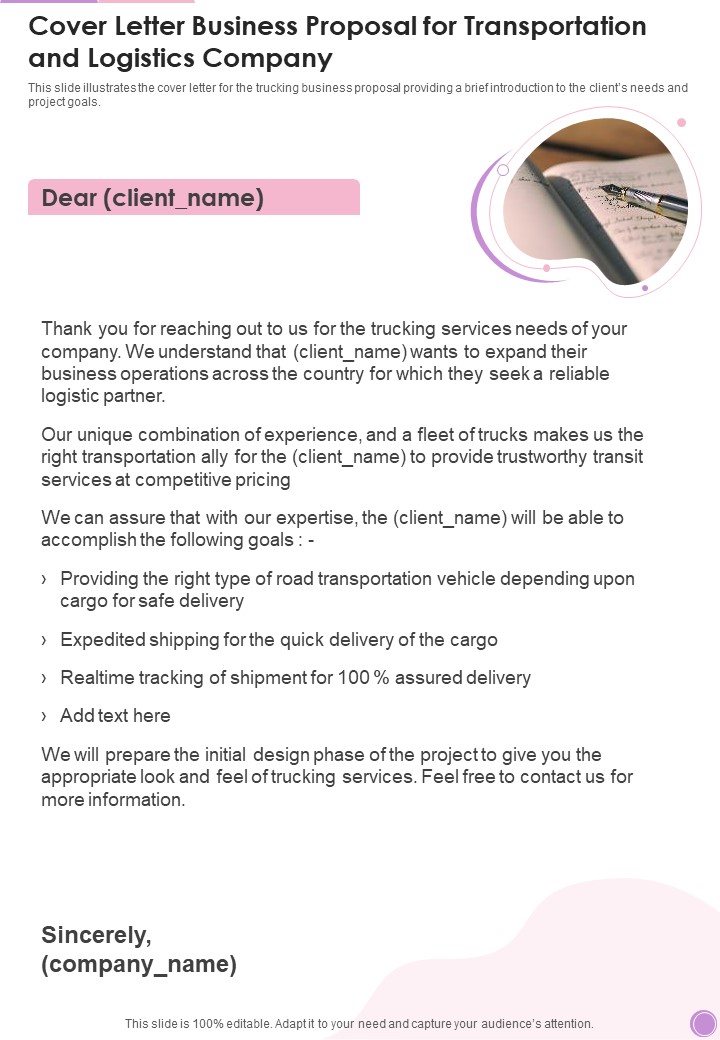 Cover Letter Business Proposal For Transportation And Logistics Company One Pager Sample Example Document Slide01