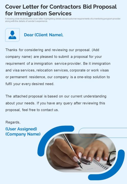 Cover Letter For Contractors Bid Proposal For Immigration Services One Pager Sample Example Document Slide01
