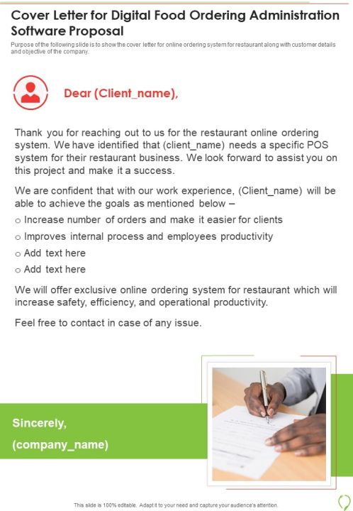 Cover Letter For Digital Food Ordering Administration Software Proposal One Pager Sample Example Document Slide01