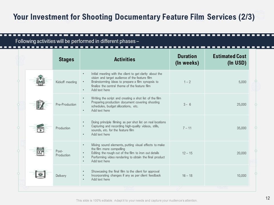 Factual Picture Filming Proposal Ppt PowerPoint Presentation Complete Deck With Slides Slide12