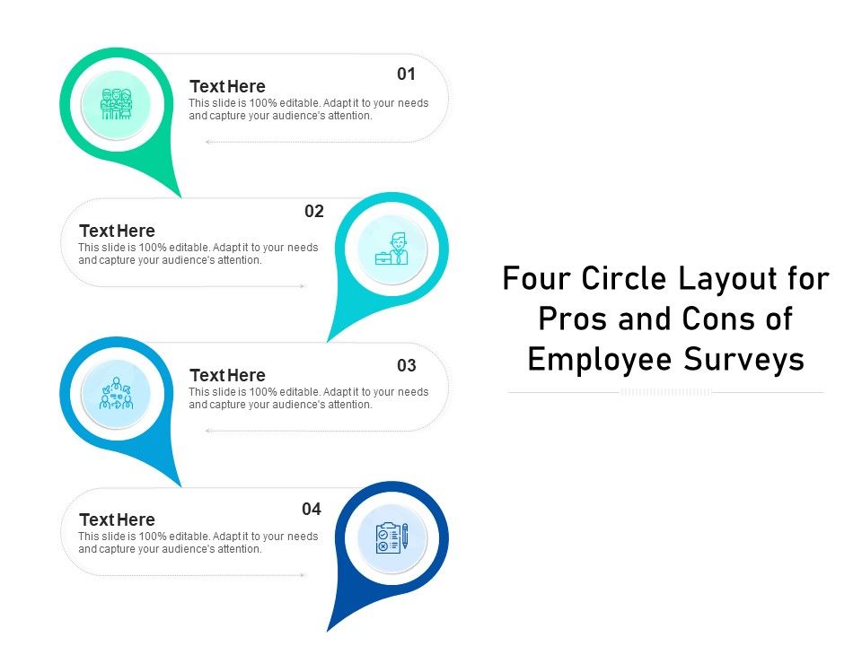 Four Circle Layout For Pros And Cons Of Employee Surveys Ppt PowerPoint