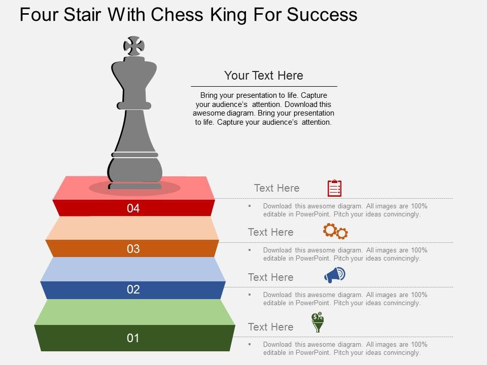 Four Stair With Chess King For Success Powerpoint Template Slide01