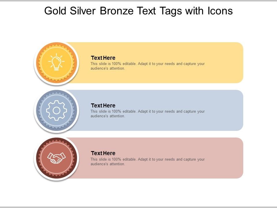 Gold Silver Bronze Text Tags With Icons Ppt PowerPoint Presentation Backgrounds Slide01