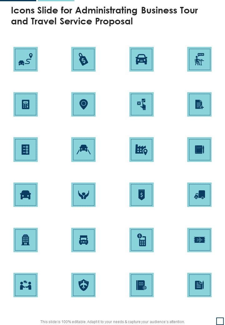 Icons Slide For Administrating Business Tour And Travel Service Proposal One Pager Sample Example Document Slide01