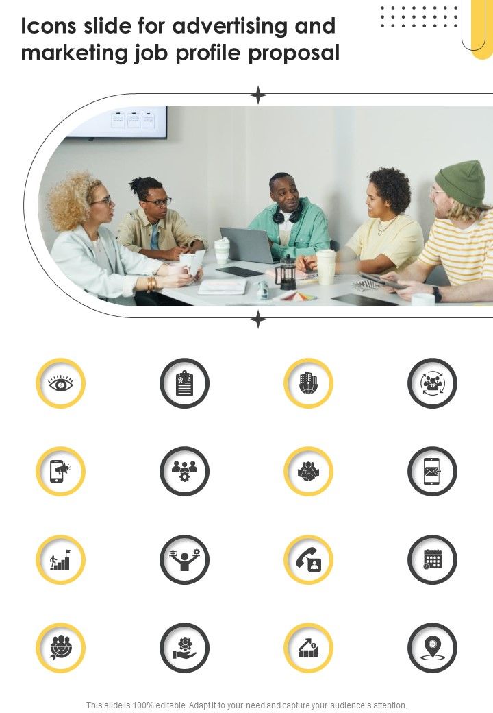 Icons Slide For Advertising And Marketing Job Profile Proposal One Pager Sample Example Document Slide01