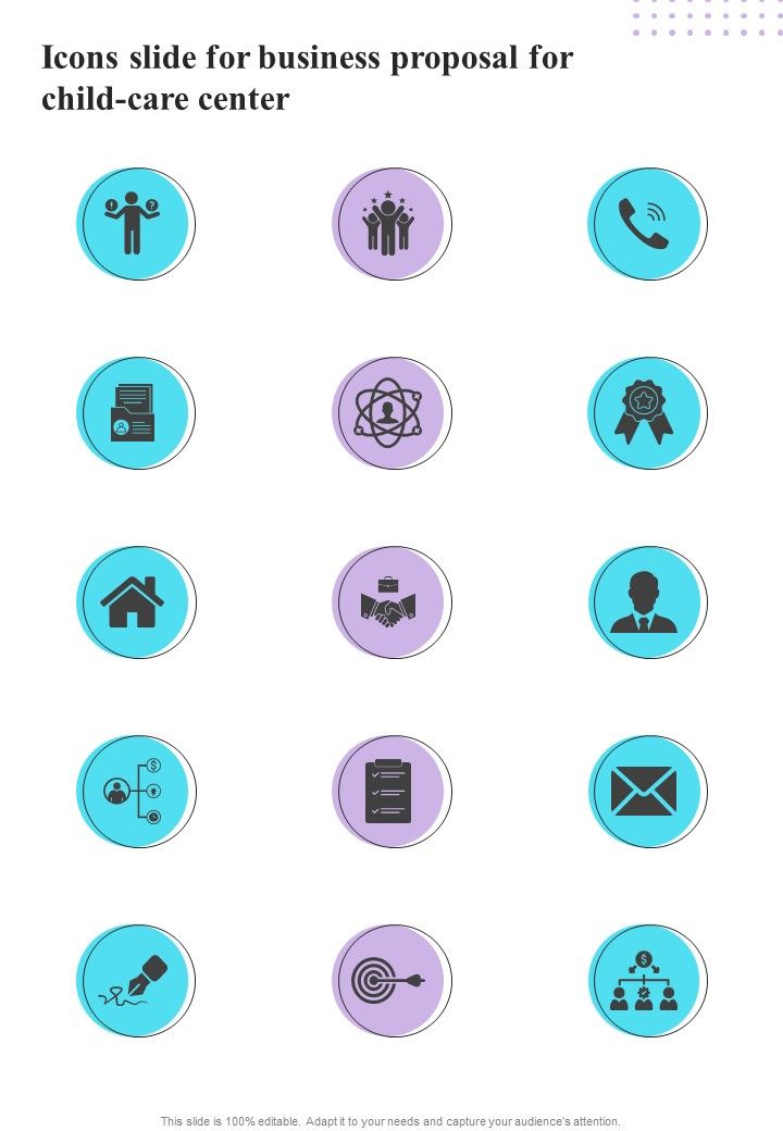 Icons Slide For Business Proposal For Child Care Center One Pager Sample Example Document Slide01