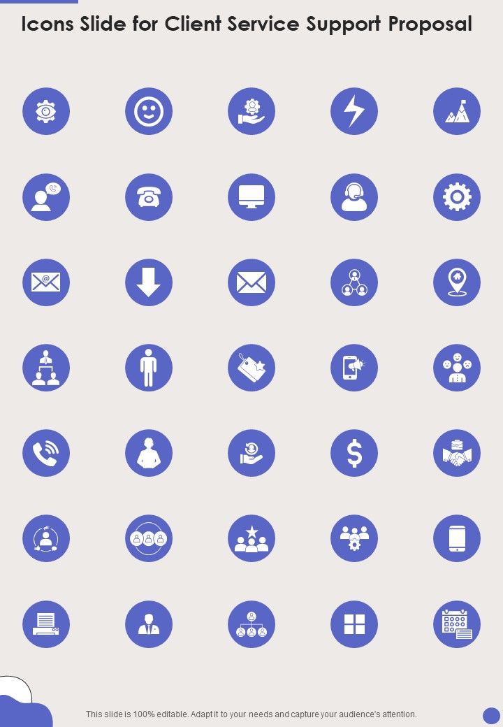 Icons Slide For Client Service Support Proposal One Pager Sample Example Document Slide01