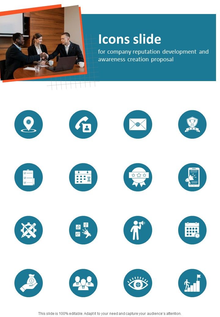 Icons Slide For Company Reputation Development And Awareness Creation One Pager Sample Example Document Slide01