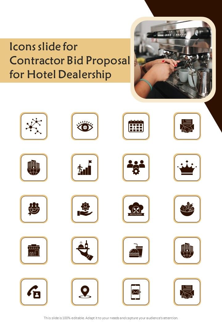 Icons Slide For Contractor Bid Proposal For Hotel Dealership One Pager Sample Example Document Slide01