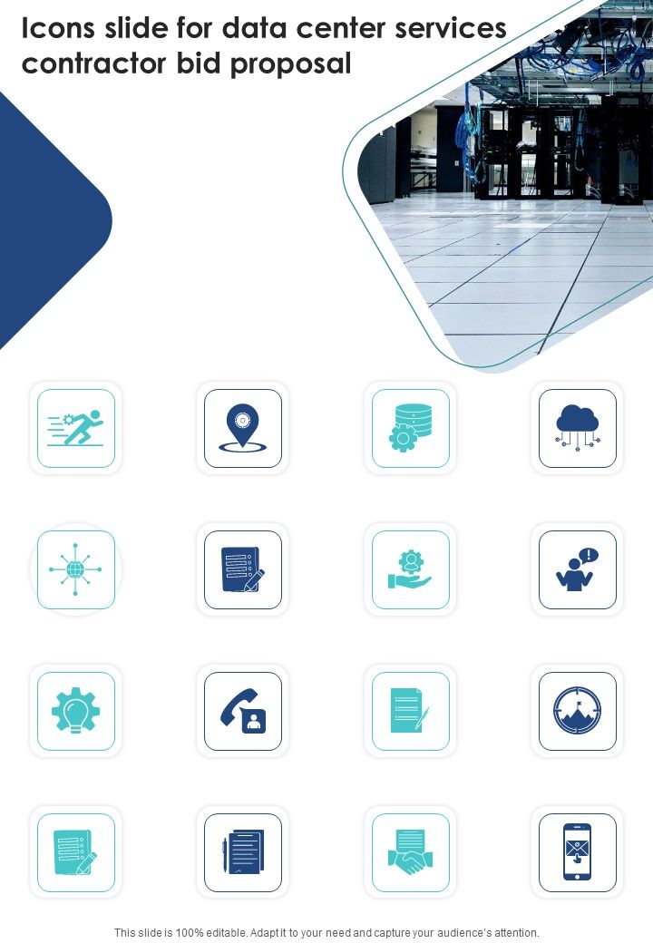Icons Slide For Data Center Services Contractor Bid Proposal One Pager Sample Example Document Slide01
