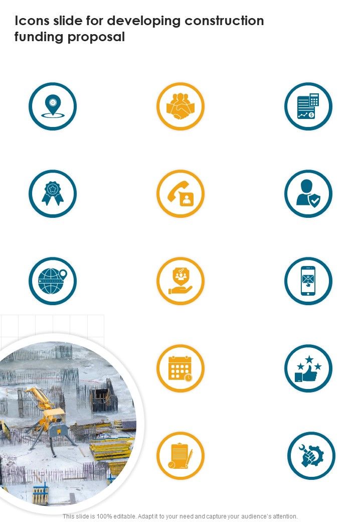 Icons Slide For Developing Construction Funding Proposal One Pager Sample Example Document Slide01
