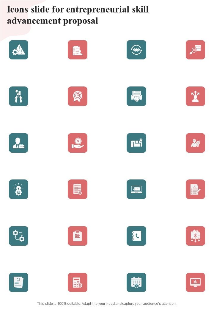 Icons Slide For Entrepreneurial Skill Advancement Proposal One Pager Sample Example Document Slide01