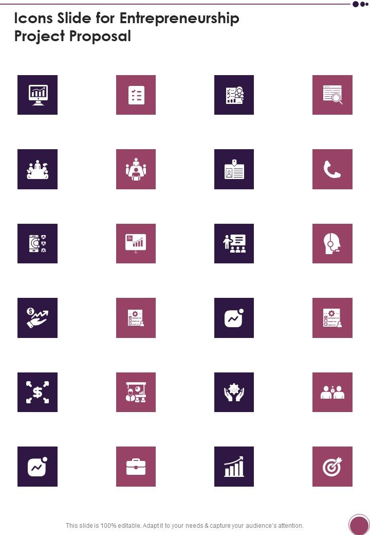 Icons Slide For Entrepreneurship Project Proposal One Pager Sample Example Document Slide01