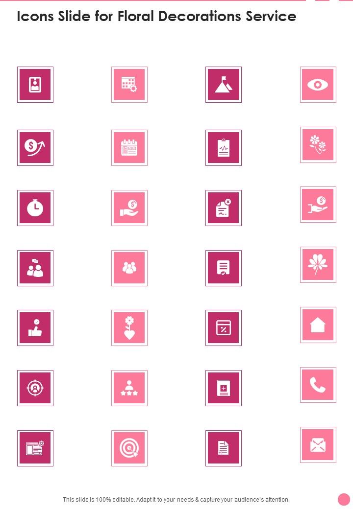 Icons Slide For Floral Decorations Service One Pager Sample Example Document Slide01