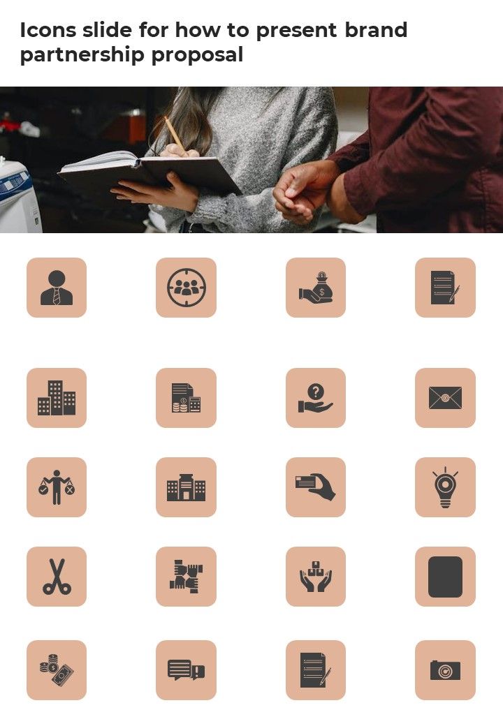 Icons Slide For How To Present Brand Partnership Proposal One Pager Sample Example Document Slide01