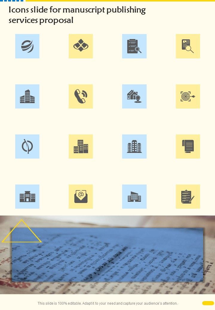 Icons Slide For Manuscript Publishing Services Proposal One Pager Sample Example Document Slide01