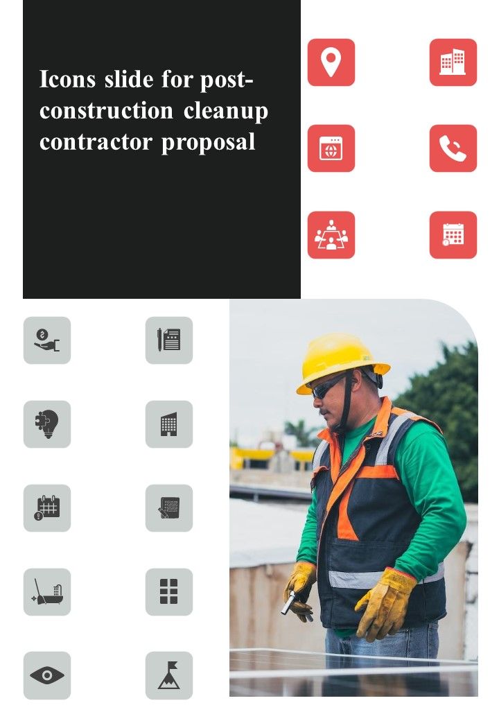 Icons Slide For Post Construction Cleanup Contractor Proposal One Pager Sample Example Document Slide01