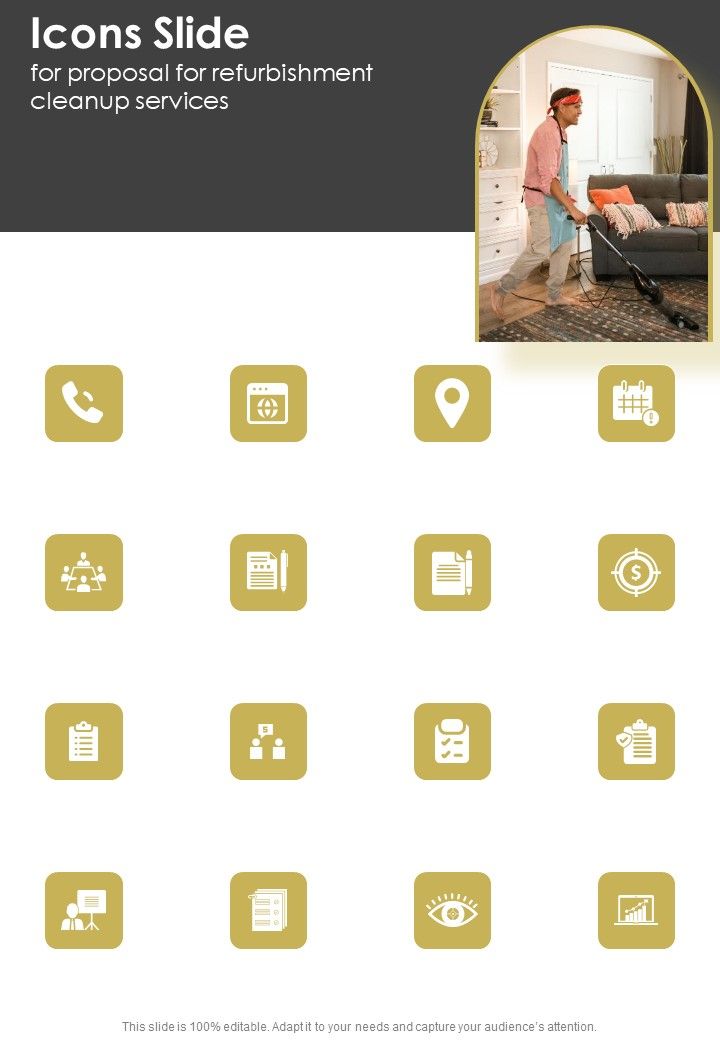 Icons Slide For Proposal For Refurbishment Cleanup Services One Pager Sample Example Document Slide01