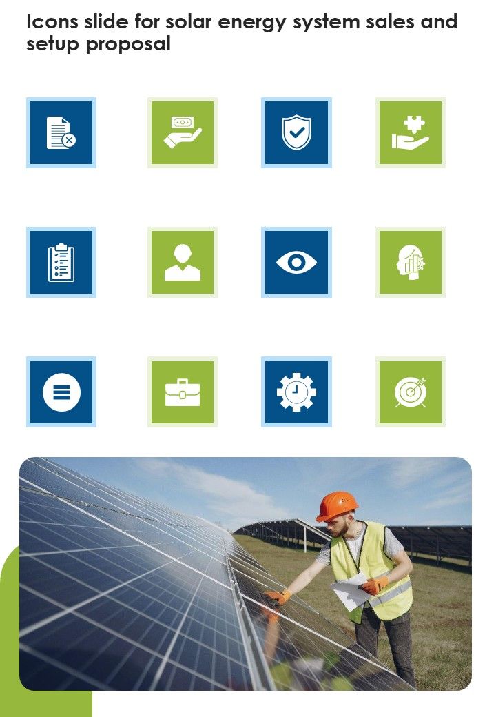 Icons Slide For Solar Energy System Sales And Setup Proposal One Pager Sample Example Document Slide01