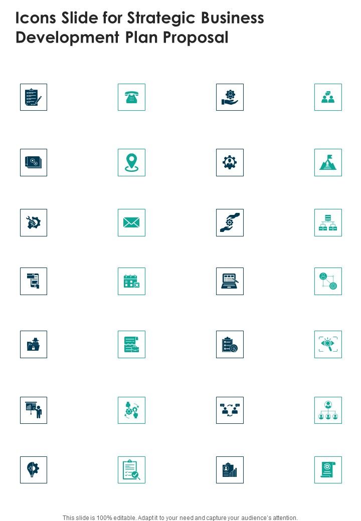 Icons Slide For Strategic Business Development Plan Proposal One Pager Sample Example Document Slide01