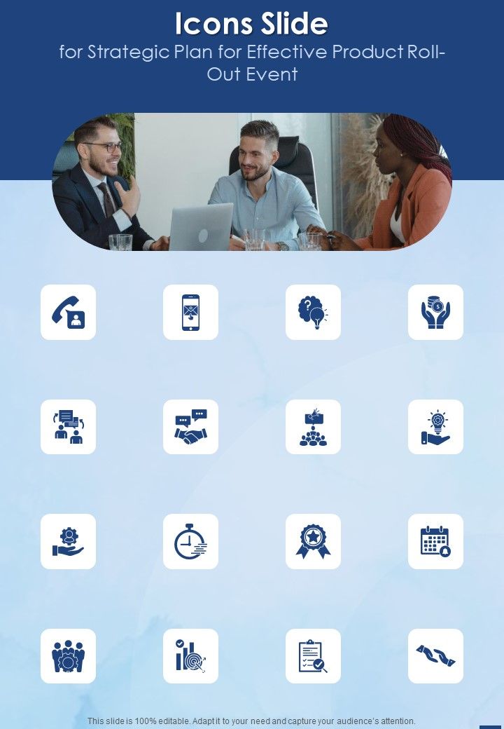 Icons Slide For Strategic Plan For Effective Product Roll Out Event One Pager Sample Example Document Slide01