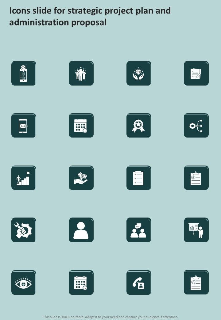 Icons Slide For Strategic Project Plan And Administration Proposal One Pager Sample Example Document Slide01