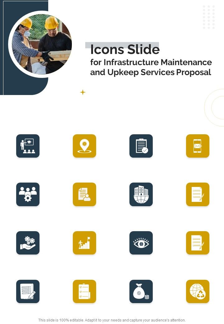 Icons Slide Infrastructure Maintenance Upkeep Services Proposal One Pager Sample Example Document Slide01