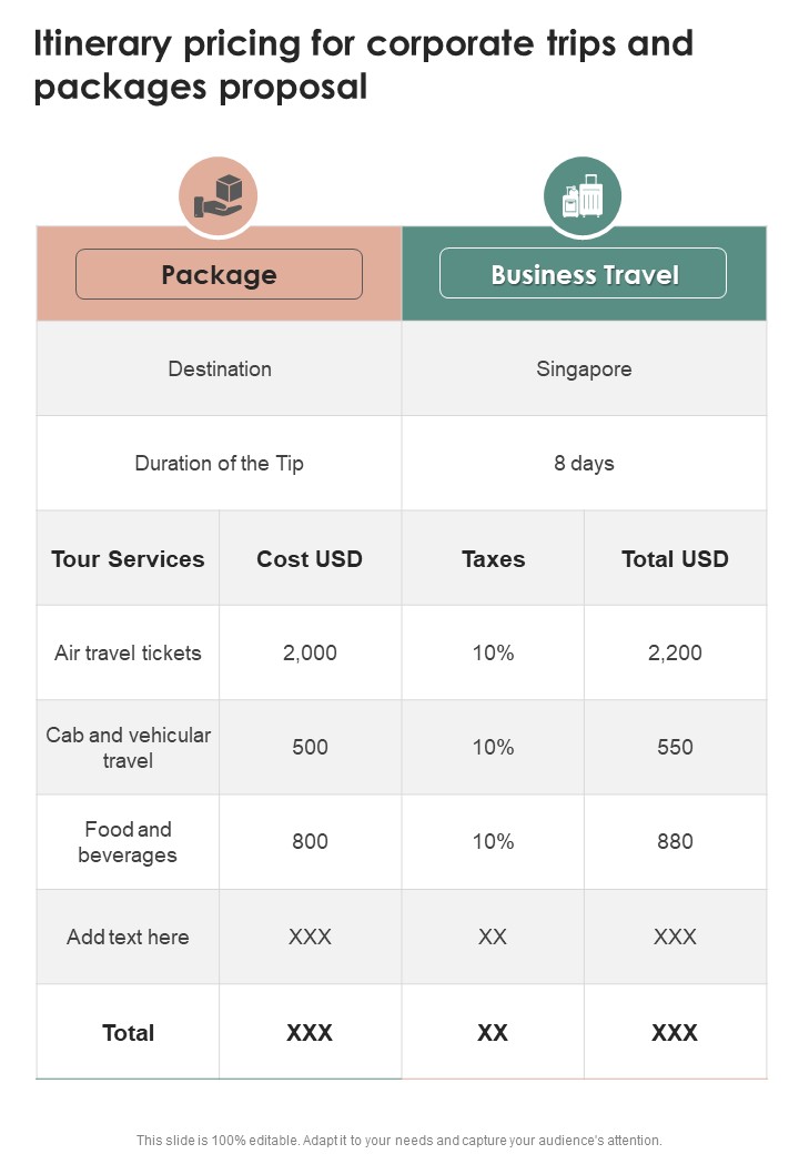 Itinerary Pricing For Corporate Trips And Packages Proposal One Pager Sample Example Document Slide01