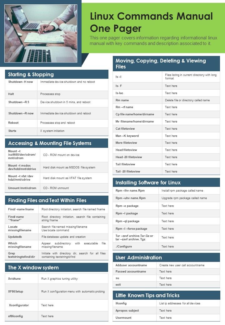 Linux Commands Manual One Pager PDF Document PPT Template
