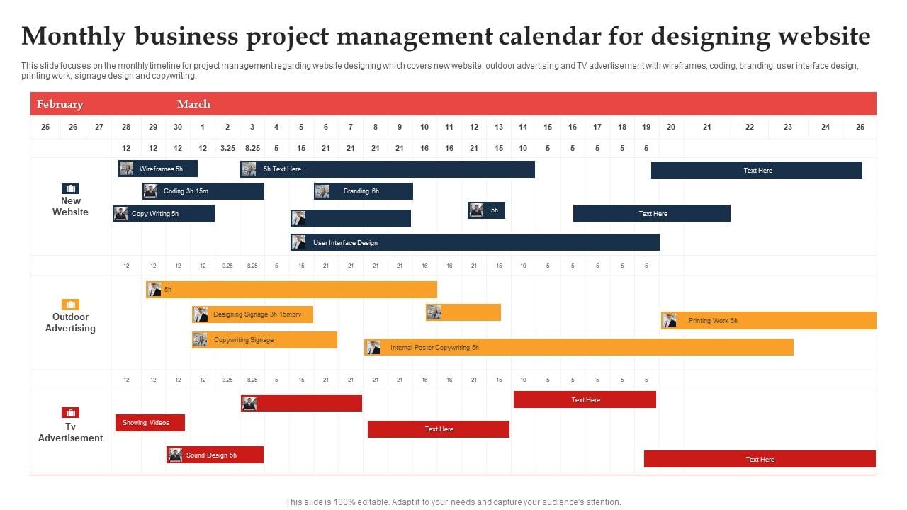 Monthly Business Project Management Calendar For Designing Website Ppt ...
