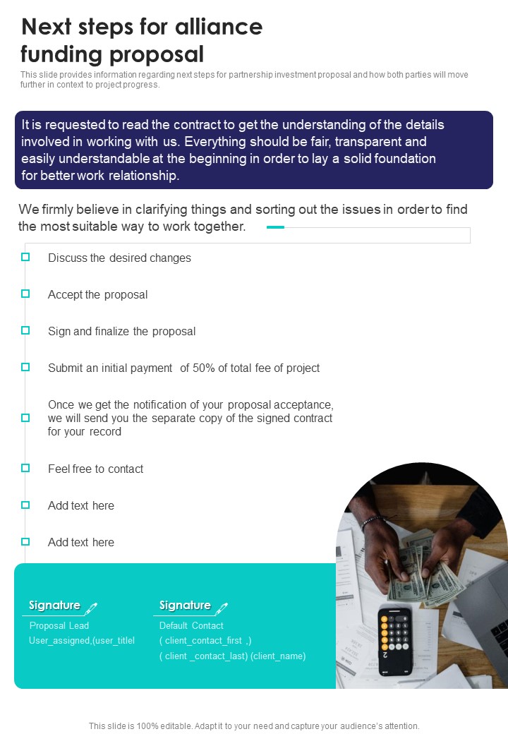 Next Steps For Alliance Funding Proposal One Pager Sample Example Document Slide01