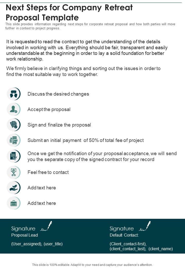 Next Steps For Company Retreat Proposal Template One Pager Sample