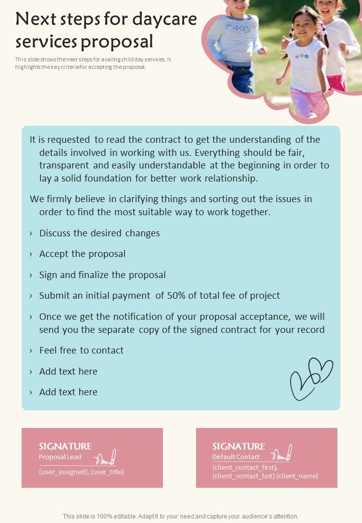 Next Steps For Daycare Services Proposal One Pager Sample Example Document Slide01