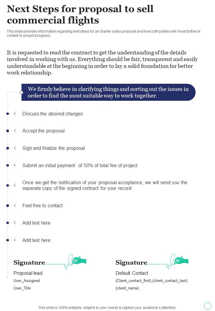 Next Steps For Proposal To Sell Commercial Flights One Pager Sample Example Document Slide01