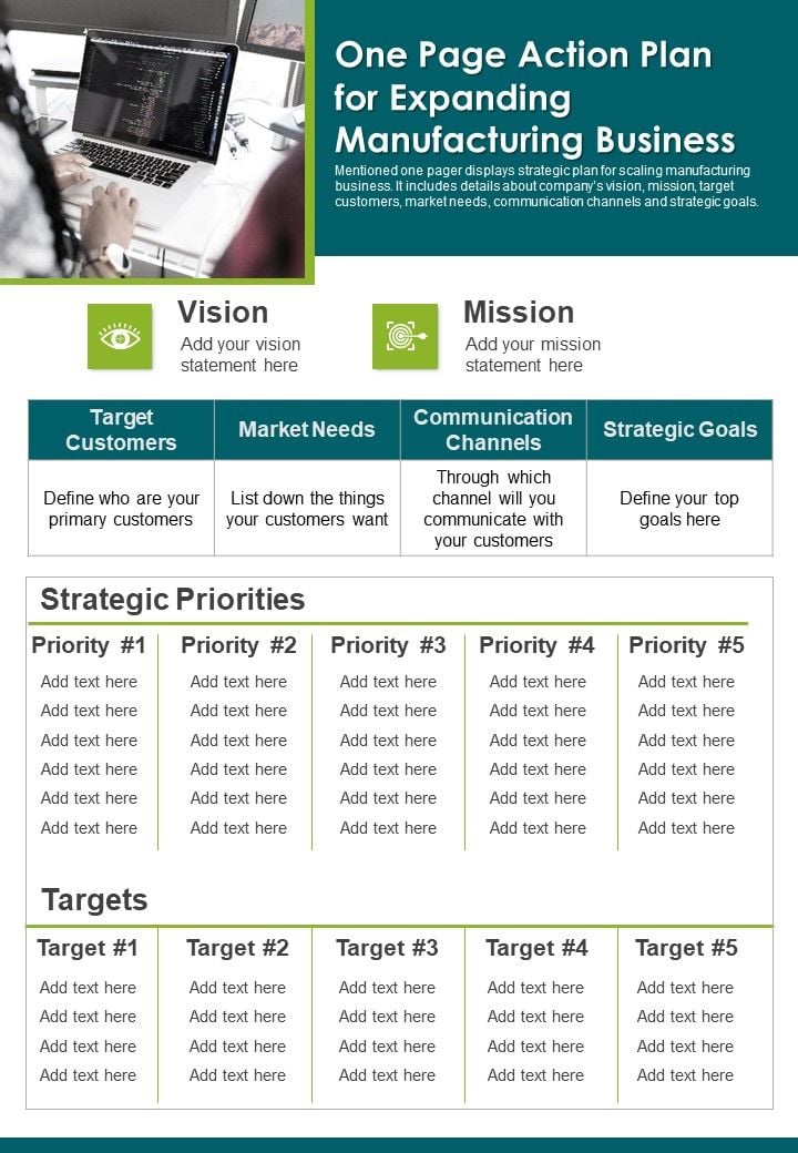 One Page Action Plan For Expanding Manufacturing Business PDF Document