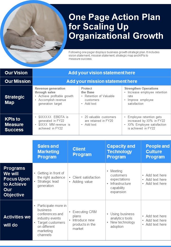 One Page Action Plan For Scaling Up Organizational Growth PDF Document