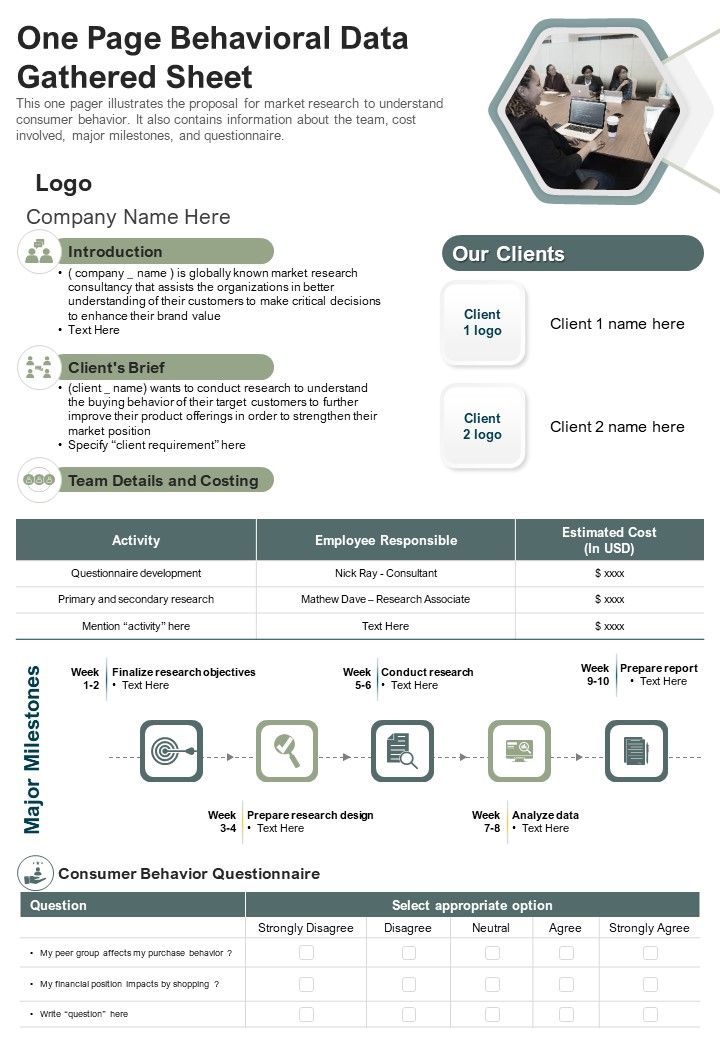 One Page Behavioral Data Gathered Sheet PDF Document PPT Template