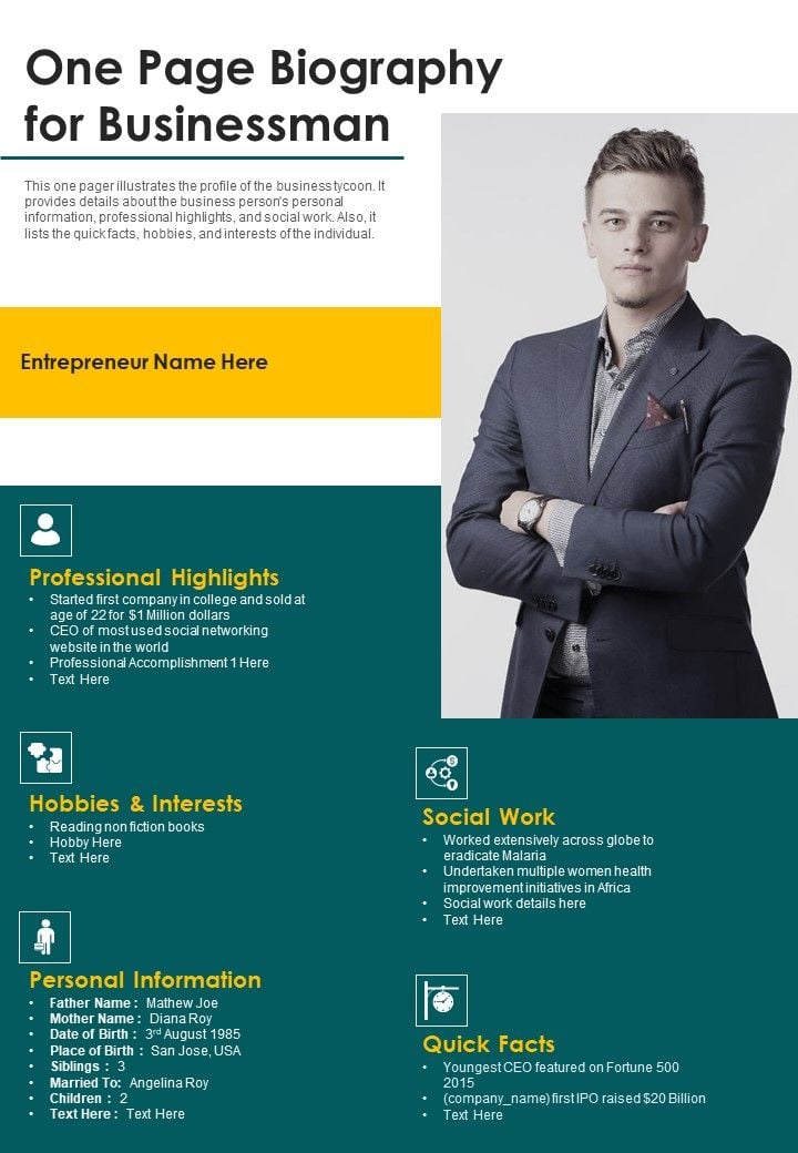 One Page Biography For Businessman PDF Document PPT Template