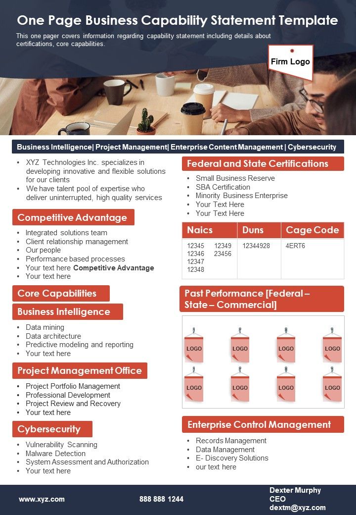 One Page Business Capability Statement Template PDF Document PPT Template